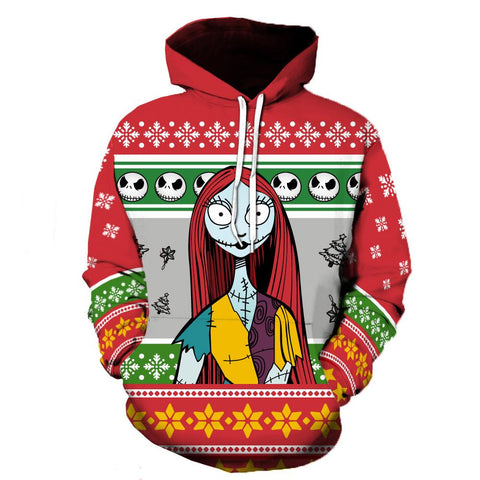 Image of Nightmare Before Christmas Sally Hoodies - Nightmare Before Christmas Hoodies - Red Knitting Pattern 3D Ugly Christmas Hoodie