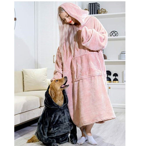 Image of His-and-Hers Sleeves-Cute Long Flannel Plush Wearable Hooded Blanket