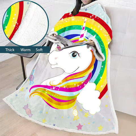 Image of 3D Digital Printed Blanket With Sleeves-Unicorn Cartoon Blanket Robe
