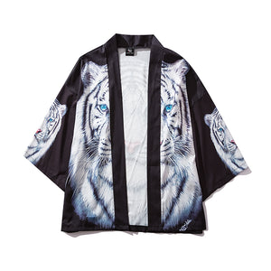 Men Japan Style White Tiger Printed Thin Kimono Robe Jackets