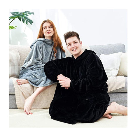 Image of His-and-Hers Sleeves-Cute Long Flannel Plush Wearable Hooded Blanket