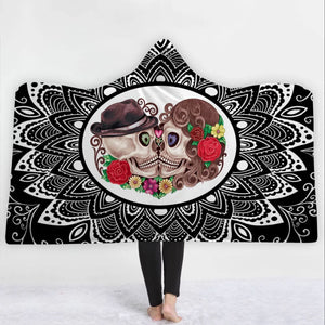 Vintage Sugar Skull Couple Hooded Blanket - Cut Skull Blanket