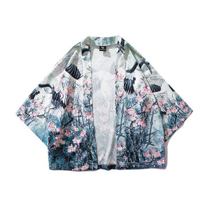 Men Japanese Style Summer Fashion Printed Crane Cardigan Kimono Jackets
