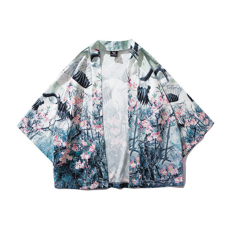Image of Men Japanese Style Summer Fashion Printed Crane Cardigan Kimono Jackets
