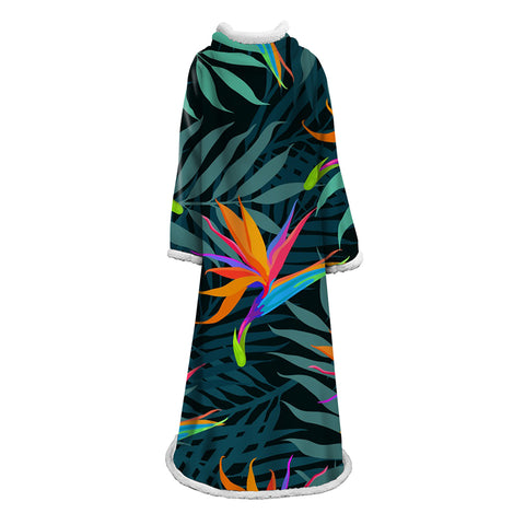 Image of 3D Digital Printed Plants Blanket With Sleeves-Leaves Blanket Robe