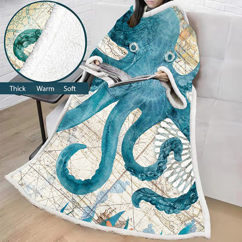 Image of 3D Digital Printed Blanket With Sleeves-Marine Animals Blanket Robe