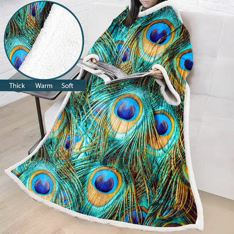 Image of 3D Digital Printed Blanket With Sleeves-Peacock Eye Blanket Robe
