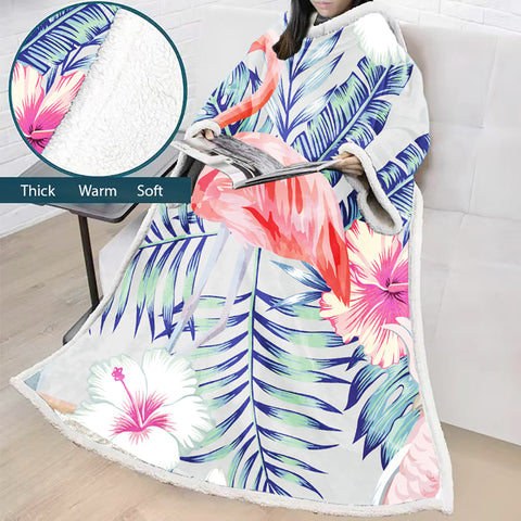 Image of 3D Digital Printed Blanket With Sleeves-Flamingo Blanket Robe