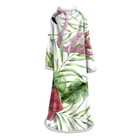 Image of 3D Digital Printed Blanket With Sleeves-Flamingo Blanket Robe