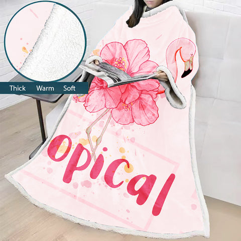 Image of 3D Digital Printed Blanket With Sleeves-Flamingo Blanket Robe