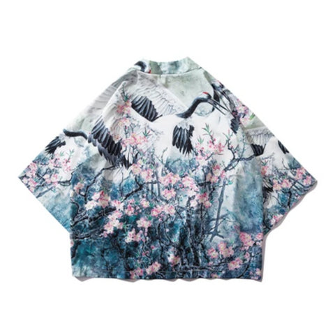 Image of Men Japanese Style Summer Fashion Printed Crane Cardigan Kimono Jackets