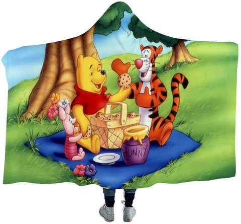Image of Cartoon Winnie Bear Tiger Printed Hooded Blanket
