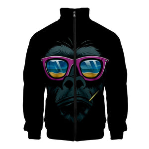 Unisex Black Fashionable 3D Cartoon Orangutan Printing Zip Up Stand Collar Coat