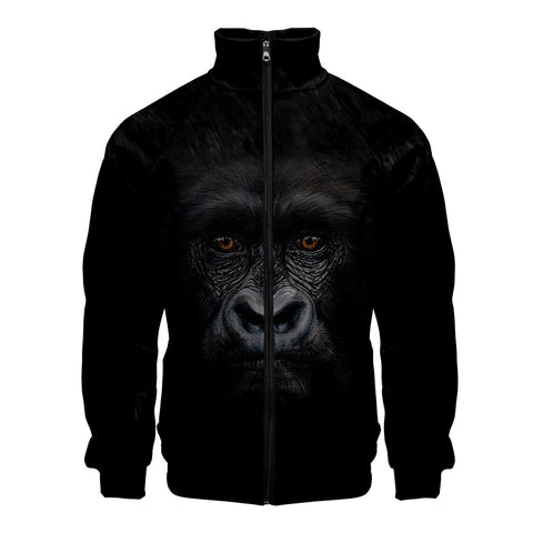 Image of Fashionable Black 3D Print Orangutan Zip Up Stand Collar Hooded Coat