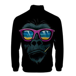 Unisex Black Fashionable 3D Cartoon Orangutan Printing Zip Up Stand Collar Coat