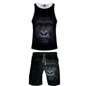 Men‘s Fashionable Black 3D Print Orangutan Vest and Shorts Two-piece Set