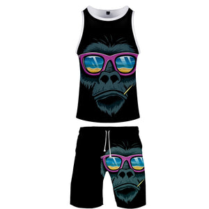 Men‘s Fashionable Black 3D Print Cartoon Sunglasses Orangutan Vest and Shorts Two-piece Set