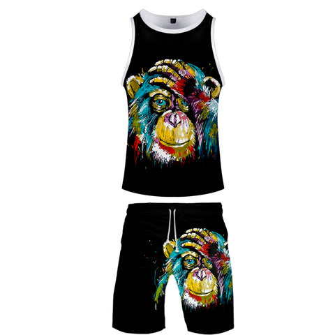 Image of Men‘s Fashionable Black 3D Print Cartoon Sunglasses Orangutan Vest and Shorts Two-piece Set