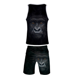 Men‘s Fashionable Black 3D Print Orangutan Vest and Shorts Two-piece Set