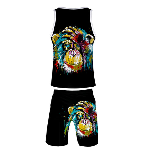 Image of Men‘s Fashionable Black 3D Print Cartoon Sunglasses Orangutan Vest and Shorts Two-piece Set