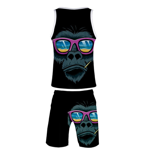 Image of Men‘s Fashionable Black 3D Print Cartoon Sunglasses Orangutan Vest and Shorts Two-piece Set