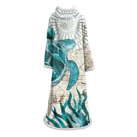Image of 3D Digital Printed Blanket With Sleeves-Marine Animals Blanket Robe