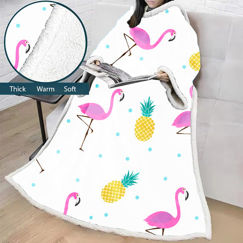 Image of 3D Digital Printed Blanket With Sleeves-Flamingo Blanket Robe