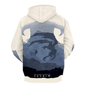 THE ELDER SCROLLS Hoodies - Skyrim Dragon Blue and White Pullover Drawstring Hoodie with Pocket