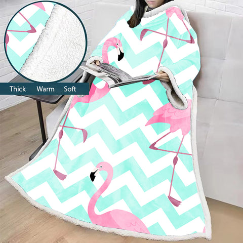 Image of 3D Digital Printed Blanket With Sleeves-Flamingo Blanket Robe