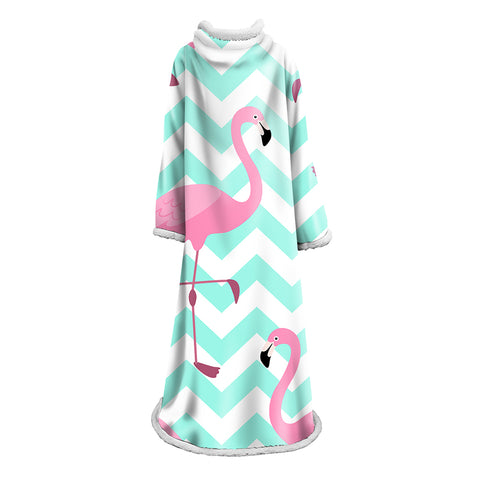 Image of 3D Digital Printed Blanket With Sleeves-Flamingo Blanket Robe