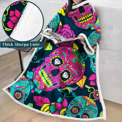 Image of 3D Digital Printed Skull Blanket With Sleeves-Horror Blanket Robe