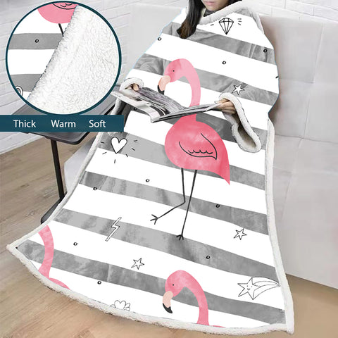 Image of 3D Digital Printed Blanket With Sleeves-Flamingo Blanket Robe