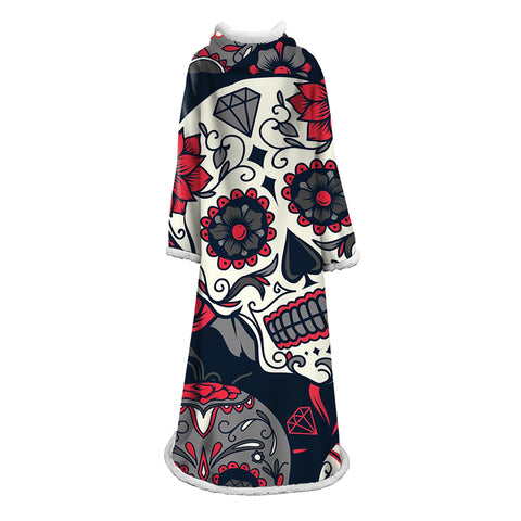 Image of 3D Digital Printed Skull Blanket With Sleeves-Horror Blanket Robe