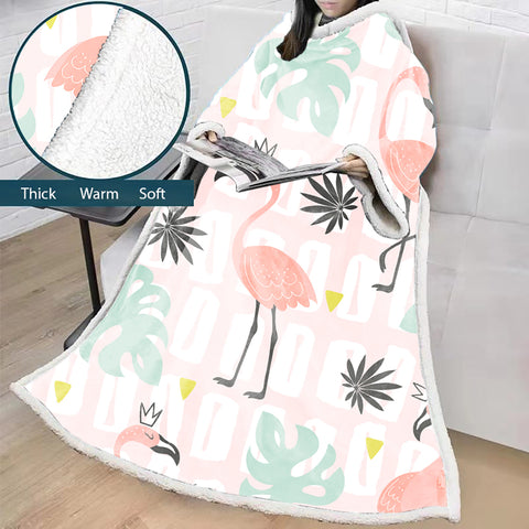 Image of 3D Digital Printed Blanket With Sleeves-Flamingo Blanket Robe