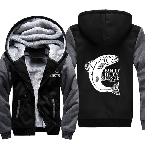 Image of Game of Thrones Jackets - Solid Color DUTY HONOR ACTS Fish Icon Fleece Jacket