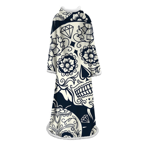 Image of 3D Digital Printed Skull Blanket With Sleeves-Horror Blanket Robe