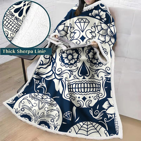 Image of 3D Digital Printed Skull Blanket With Sleeves-Horror Blanket Robe