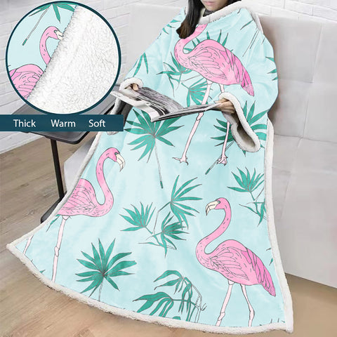 Image of 3D Digital Printed Blanket With Sleeves-Flamingo Blanket Robe