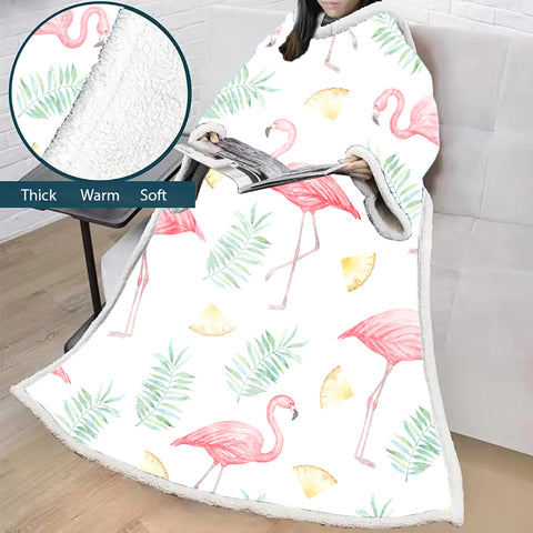 Image of 3D Digital Printed Blanket With Sleeves-Flamingo Blanket Robe