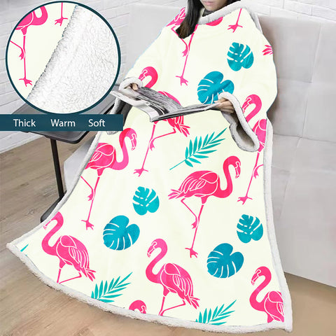 Image of 3D Digital Printed Blanket With Sleeves-Flamingo Blanket Robe