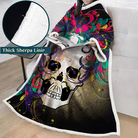 Image of 3D Digital Printed Blanket With Sleeves-Horror Skull Blanket Robe