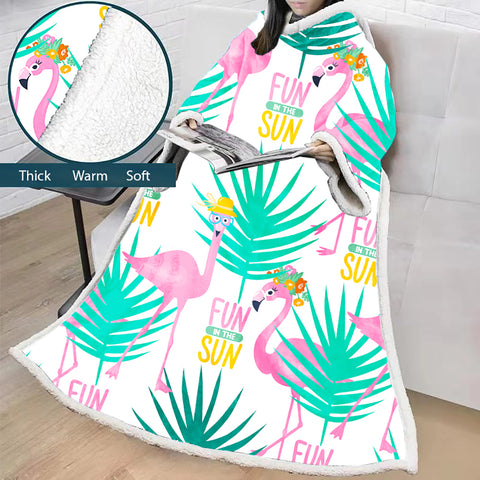 Image of 3D Digital Printed Blanket With Sleeves-Flamingo Blanket Robe