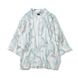 Japanese Style Spring Summer Men white crane printed Kimono Cardigan Jackets Short sleeve Casual Streetwear Loose Outwear