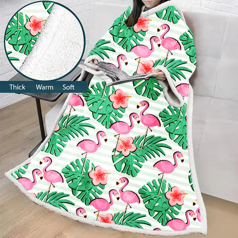 Image of 3D Digital Printed Blanket With Sleeves-Flamingo Blanket Robe