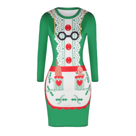 Image of Christmas Dresses - Knee-Length Xmas Apron Print Dress