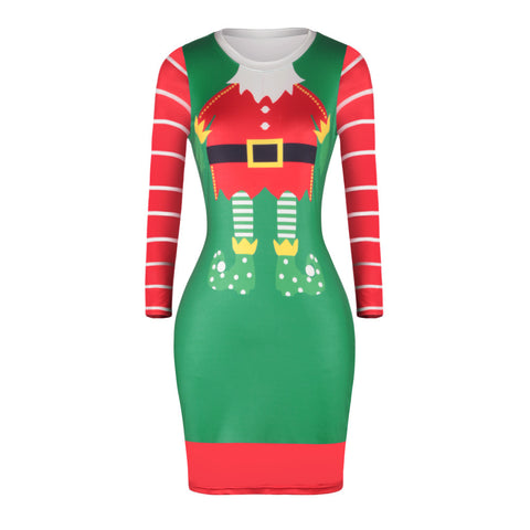 Image of Christmas Dresses - Knee-Length Xmas Stripe Sleeves Dress