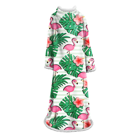 Image of 3D Digital Printed Blanket With Sleeves-Flamingo Blanket Robe