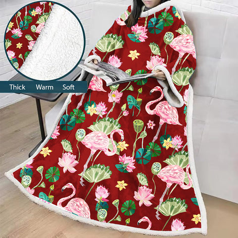 Image of 3D Digital Printed Blanket With Sleeves-Flamingo Blanket Robe