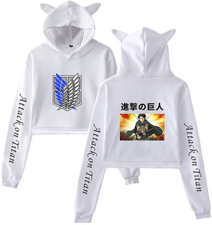 New Anime Attack on Titan Crop Top Hoodie Sweatshirt Cute Women Teen Girls Cat Ear Cropped Pullover Hoodies Sweaters