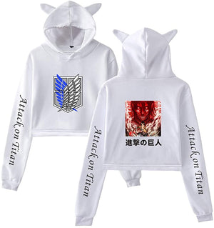 New Anime Attack on Titan Crop Top Hoodie Sweatshirt Cute Women Teen Girls Cat Ear Cropped Pullover Hoodies Sweaters